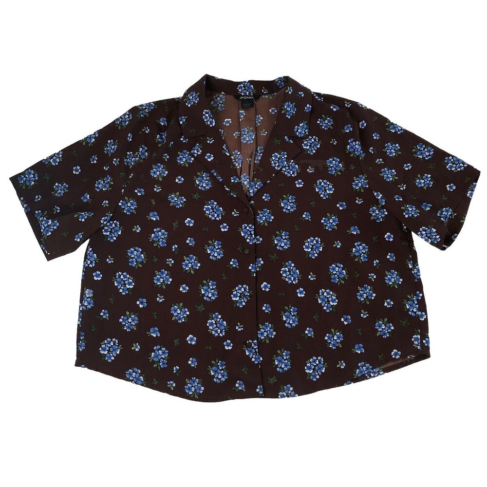 MONKI Brown Blue Floral Camp Collar Button Up Shirt Boxy Whimsygoth Top Large